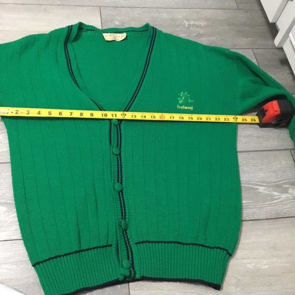 Vintage IRELAND Shamrock Green Acrylic Cardigan Quills Woollen Market L - Picture 7 of 10